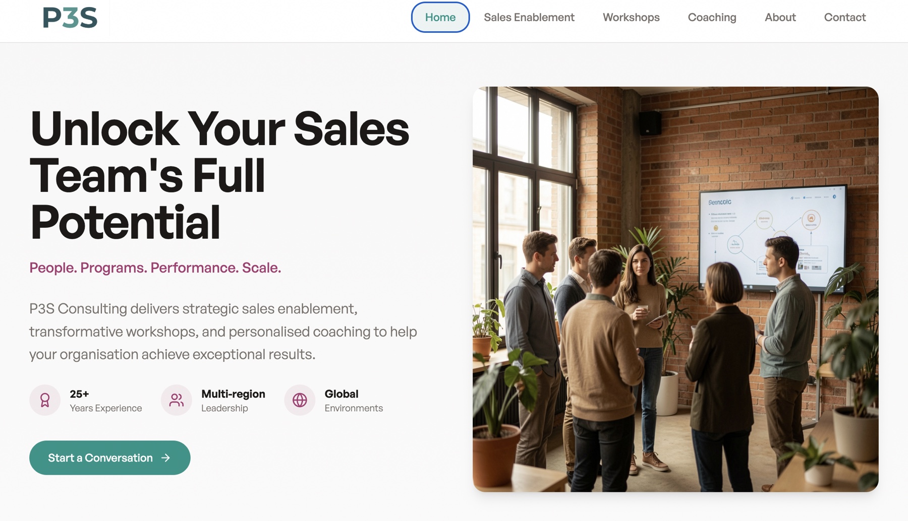 The P3S Consulting homepage, designed and hosted by Spring Onion